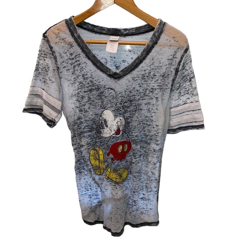 Disney T-Shirt Womens M Mickey Mouse Gray V-Neck Varsity Stripe JT18718
